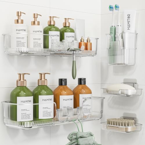 HAMITOR 5 Pack Clear Adhesive Shower Caddies, Bathroom Wall Organizer
