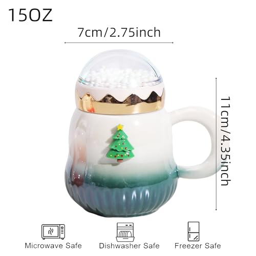 Christmas Coffee Mugs 2-Pack 15oz Ceramic with Snow Globe Lids - Red & Green Santa & Tree Gift Set