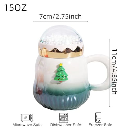 Christmas Coffee Mugs 2-Pack 15oz Ceramic with Snow Globe Lids - Red & Green Santa & Tree Gift Set