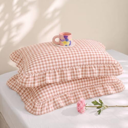 Cotton King Size Pillowcases Set of 2 Gingham Peach Ruffled Farmhouse Bedding