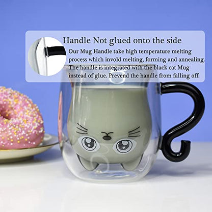 Black Cat Mug - Cute Double Walled Coffee Tea Cup with Handle - Halloween Gift for Cat Lovers (Black Variation)