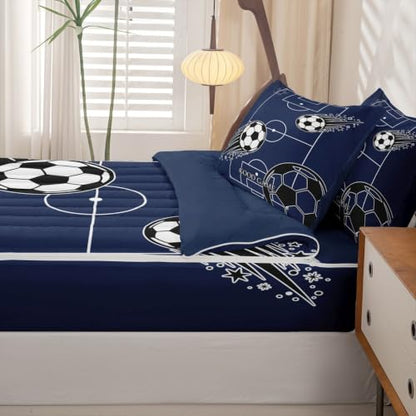 Soccer Comforter Set with Zippered Bed Cover, Fitted Sheet & Pillowcases - Navy Blue, Black & White, Full Size
