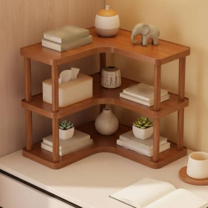 Three Tier Bamboo Corner Desk Organizer - L Shaped Wall Mount Storage Rack