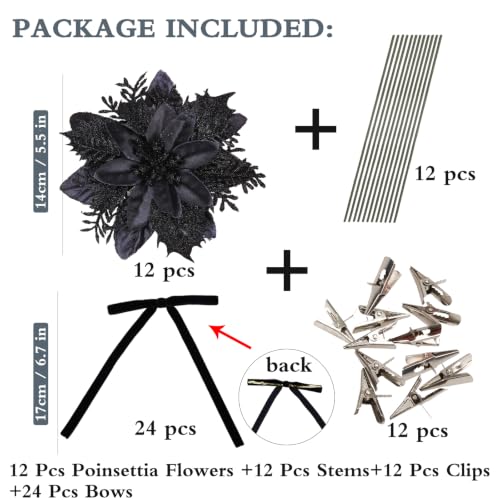 Black Poinsettia Artificial Flowers & Velvet Bows - Festive Xmas Decor - Blackbows