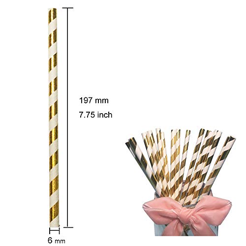 Gold and White Striped Paper Drinking Straws - 100 Count Disposable Party Cocktail Straws for Birthday Wedding Christmas Holiday - Variation of Gold White Striped