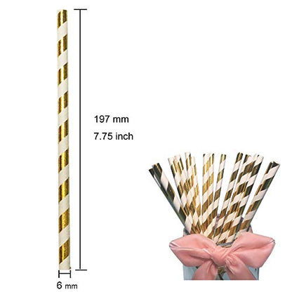 Gold and White Striped Paper Drinking Straws - 100 Count Disposable Party Cocktail Straws for Birthday Wedding Christmas Holiday - Variation of Gold White Striped