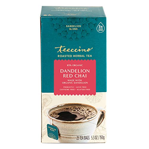 Teeccino Dandelion Red Chai Tea - Caffeine-Free, Roasted Herbal Tea with Prebiotics, 3x More Herbs than Regular Tea Bags, Gluten Free - 25 Tea Bags