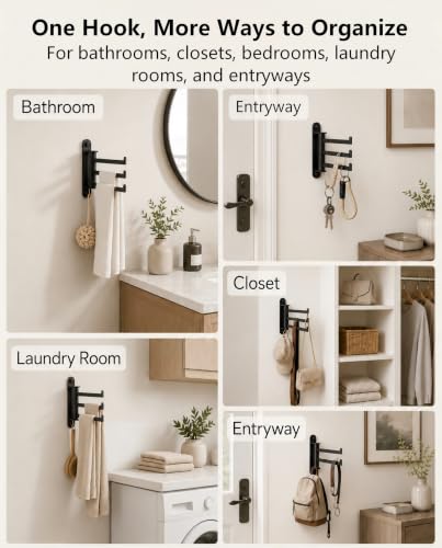 Wall Mount Swivel Hook with 3 Arms - Matte Black Stainless Steel, 25Lb Support