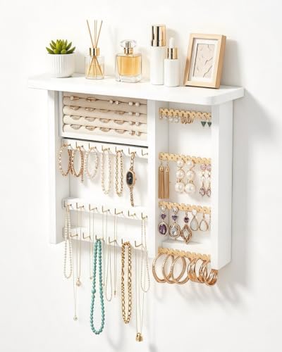 Lolalet Wall Mounted Jewelry Organizer - White Wooden Necklace and Earring Storage