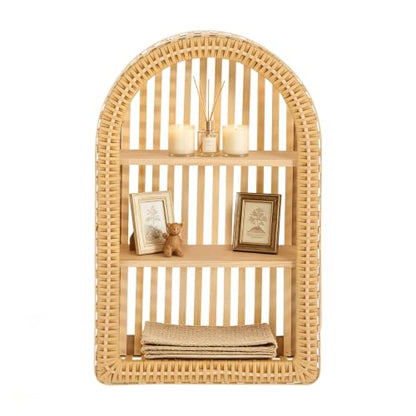 3-Tier Hand-Woven Bamboo Wall Shelf with Arch Frame - Rustic Wall Mount Organizer