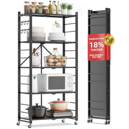 Black 18% Thickened 5-Tier Foldable Storage Shelves with Wheels - Heavy Duty Metal Organizer