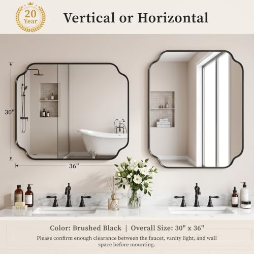 Black Scalloped Bathroom Mirror 36in x 30in Wall-Mounted Vanity Mirror