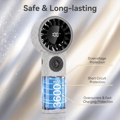 White Diamond Luxury Handheld Fan with Rhinestones, 100 Speed Stepless Control