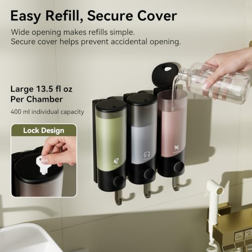 Wall Mounted Shampoo and Conditioner Dispenser with Hooks - 1200ML No-Drill Bathroom Organizer - Black