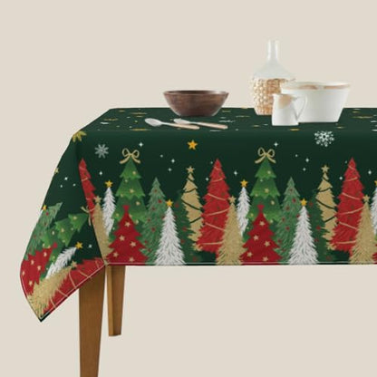Christmas Square Tablecloth 52x52 Inch Forest Green Xmas Tree Snowflake Holiday Decor