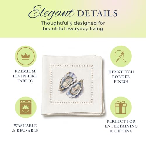 Jolitee Coastal Oyster Pair Cocktail Napkins - Reusable 6x6 Inch Set of 6