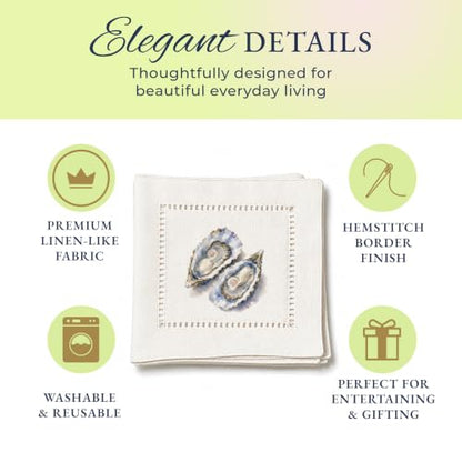 Jolitee Coastal Oyster Pair Cocktail Napkins - Reusable 6x6 Inch Set of 6