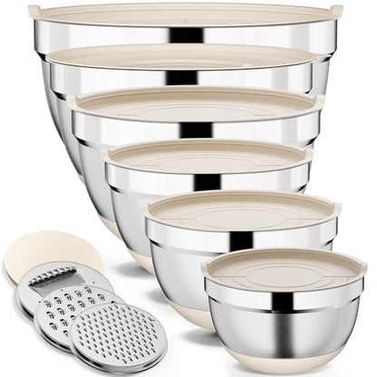 Khaki 9 Pack Mixing Bowls with Airtight Lids & Grater Attachments