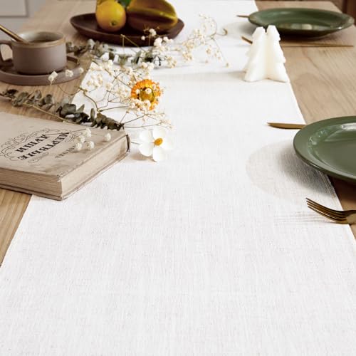 Cotton Linen Table Runner 13x48 Inch Off White with Hand Tassels - Farmhouse Decor