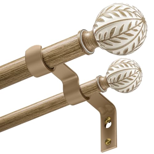1 Inch Boho Wooden Double Curtain Rods for Windows 36-120 Inches - Adjustable