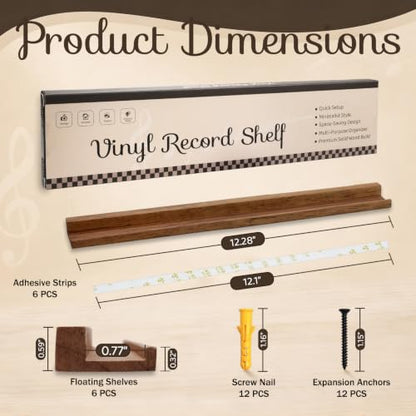 Wall Mount Vinyl Record Shelf - 6 Pcs Rubberwood, Dark Brown Finish