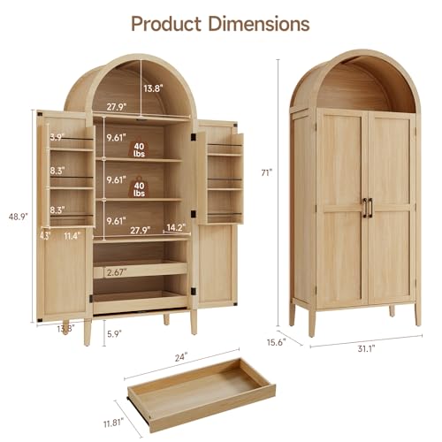 Tall Kitchen Pantry Cabinet with Arched Top and 2 Pull-Out Shelves - Oak