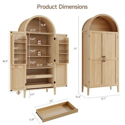 Tall Kitchen Pantry Cabinet with Arched Top and 2 Pull-Out Shelves - Oak