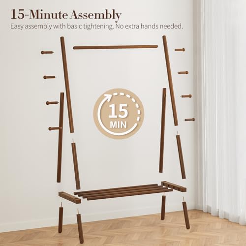 Yoobure Walnut Solid Wood Clothes Rack with 8 Hooks & Shelf - Heavy Duty Freestanding Garment Organizer