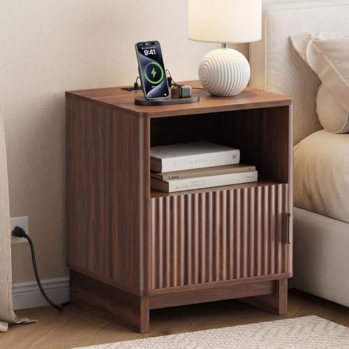 Fluted Nightstand with Charging Station (Walnut) — 2 AC, USB-A, USB-C