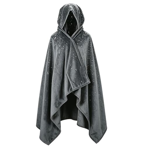 Grey Waterproof Hooded Blanket Poncho for Outdoor Warm Wearable Cape