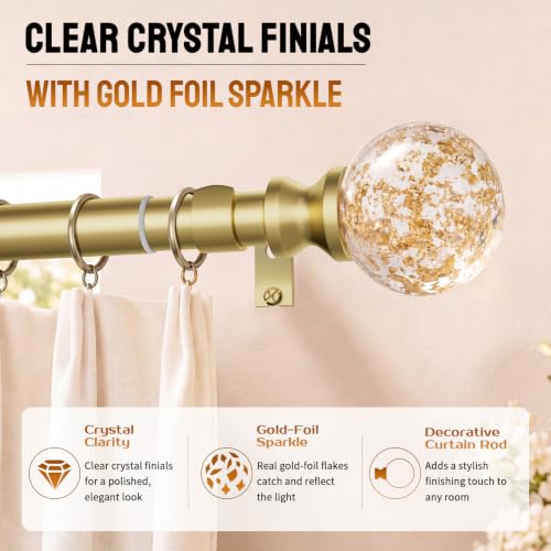 Gold Curtain Rods 36-88 Inch Adjustable Window Treatment Rods with Crystal Finials