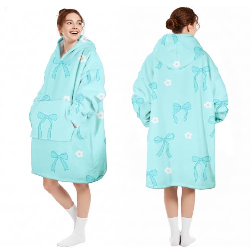 Blue Bow Oversized Animal Wearable Blanket Hoodie with Pocket for Adults & Teens