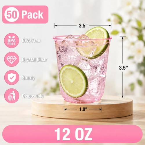 Pink Disposable Plastic Cups 12oz, 50 Pack for Parties and Events