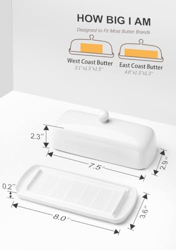 White Ceramic Butter Dish with Lid - Non-Slip Ridges, Countertop Storage