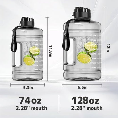 Clear 74oz Water Bottle with Time Marker & Straw - Half Gallon Hydration Jug with Handle & 2 Lids