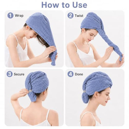 Blue Microfiber Hair Towel Wrap 29.5x11 Inches - Large Quick-Dry Hair Wrap
