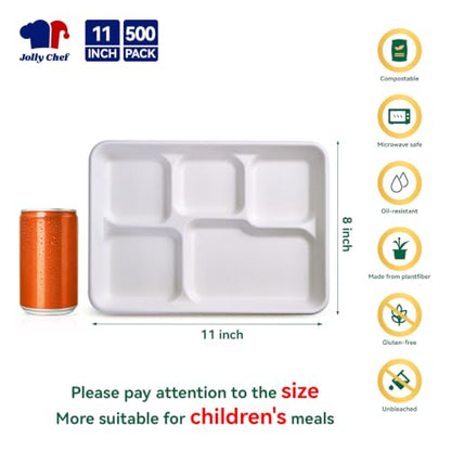 Compostable Paper Plates 5 Compartments 11x8 Inch - White, 500 Pack