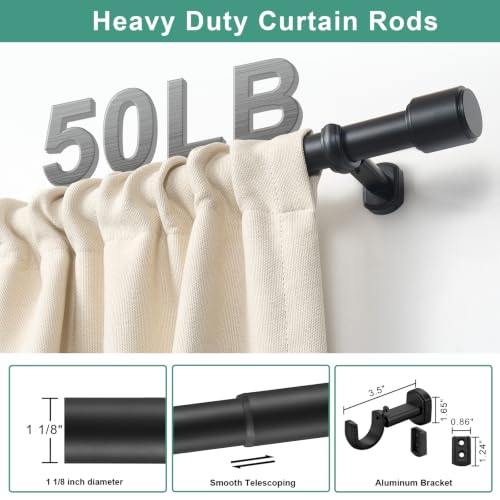Matte Black 1 1/8 Inch Diameter Heavy Duty Telescoping Curtain Rod 144-240 Inches