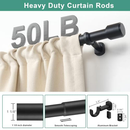 Matte Black 1 1/8 Inch Diameter Heavy Duty Telescoping Curtain Rod 144-240 Inches