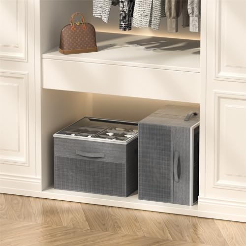 Aokeyee Shoe Organizer for Closet,Foldable Shoe Storage Organizer Box Bin with Adjustable Dividers and Clear Cover, Fits up to 16 Pairs
