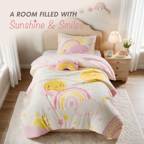 Kids Pink Sunshine Comforter Set - Twin/Twin XL with Rainbow Pillow