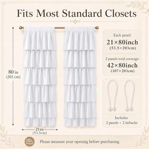 Ruffled Closet Curtain Panel Set - 42 x 80 Inches for Open Closet, Dorm Room