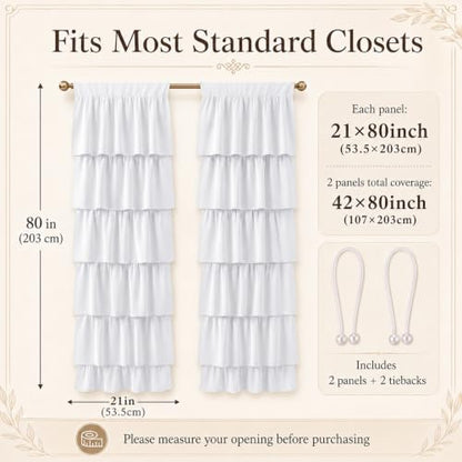 Ruffled Closet Curtain Panel Set - 42 x 80 Inches for Open Closet, Dorm Room
