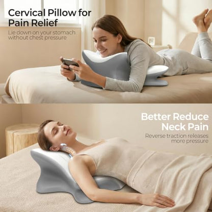 White & Grey Cervical Neck Pillow for Pain Relief, Ergonomic Memory Foam Wedge