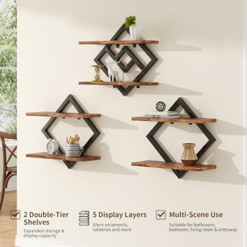 2-Tier Wooden Floating Wall Shelves Set - Brown, 3 Pieces