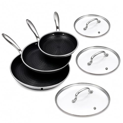 Non Stick Frying Pan Set with Lids - 8, 10, 12 Inch Skillets, Ceramic Hybrid Interior