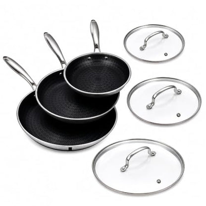 Non Stick Frying Pan Set with Lids - 8, 10, 12 Inch Skillets, Ceramic Hybrid Interior