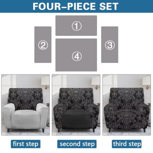 Gothic Skull Lazy Boy Recliner Cover 4-Piece Halloween Damask Variation