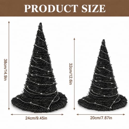 Halloween Rattan Witch Hat Decor with String Lights - 2 Pieces Table Centerpieces