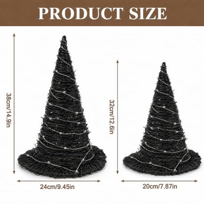 Halloween Rattan Witch Hat Decor with String Lights - 2 Pieces Table Centerpieces
